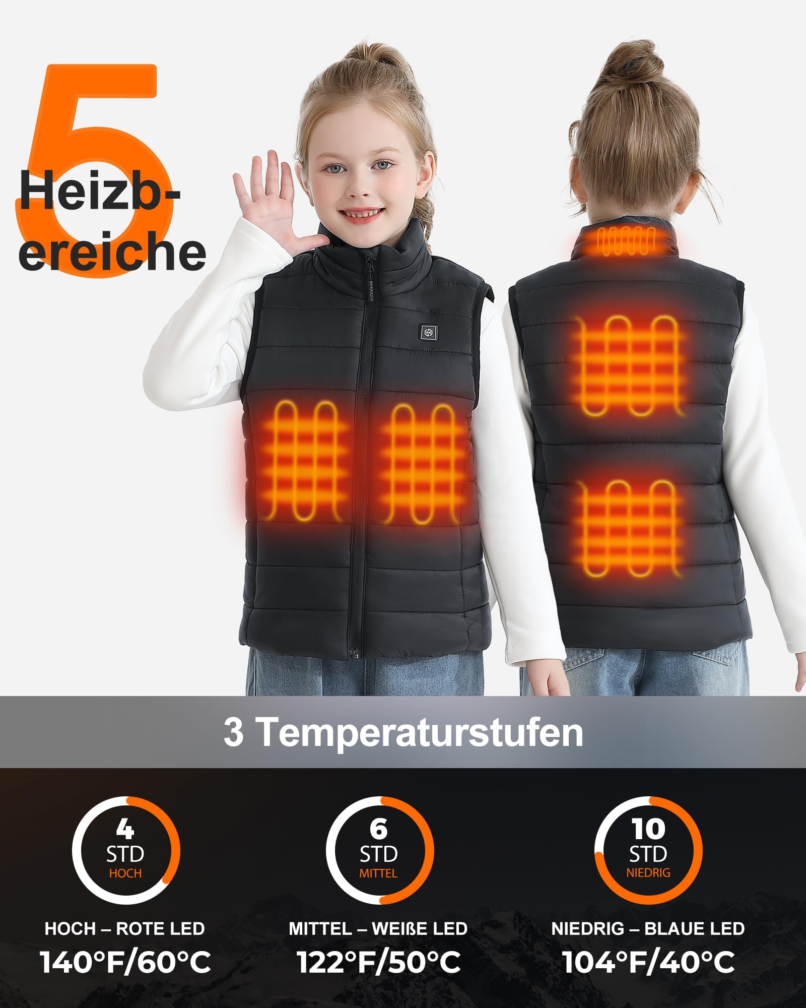Unisex Heizweste Kinder mit Powerbank 12000mAh 7,4V, Leichte Beheizbare Weste Kinder mit 5 Heizzone, Elektrisch Heizweste Jungen und Mädchen für Outdoor