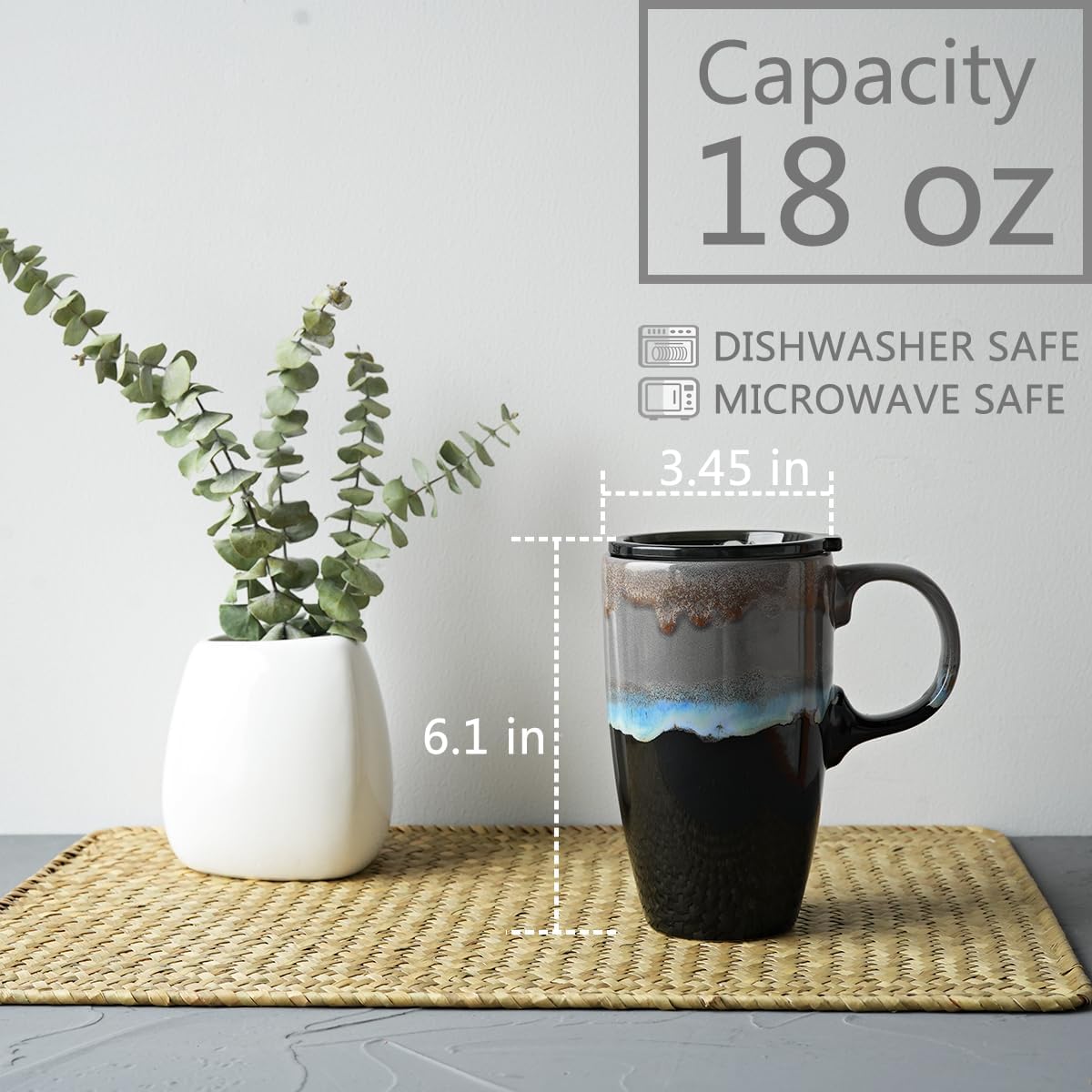 Bosmarlin Ceramic Travel Coffeel Mug with Handle and Lid, 18 oz, Portable Coffee Cup for Car Cup Holder, Microwave and Dishwasher Safe, Reactive Glaze (Grey) - Image 2