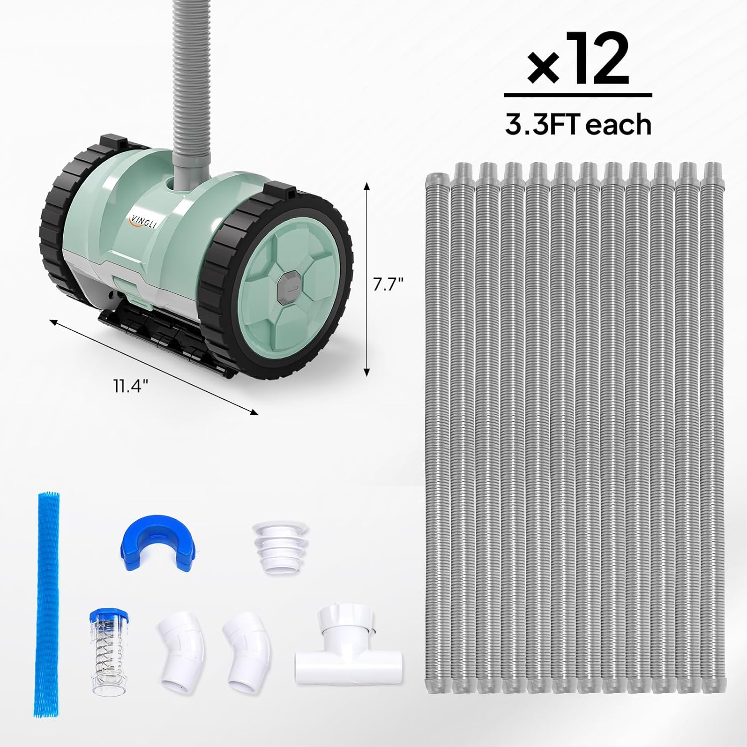 VINGLI Pro Auto Pool Cleaner – Advanced Suction Vacuum for Inground/Above Ground Pools – 40FT Hose, Quiet & Efficient Cleaning – Mint Green&Gray