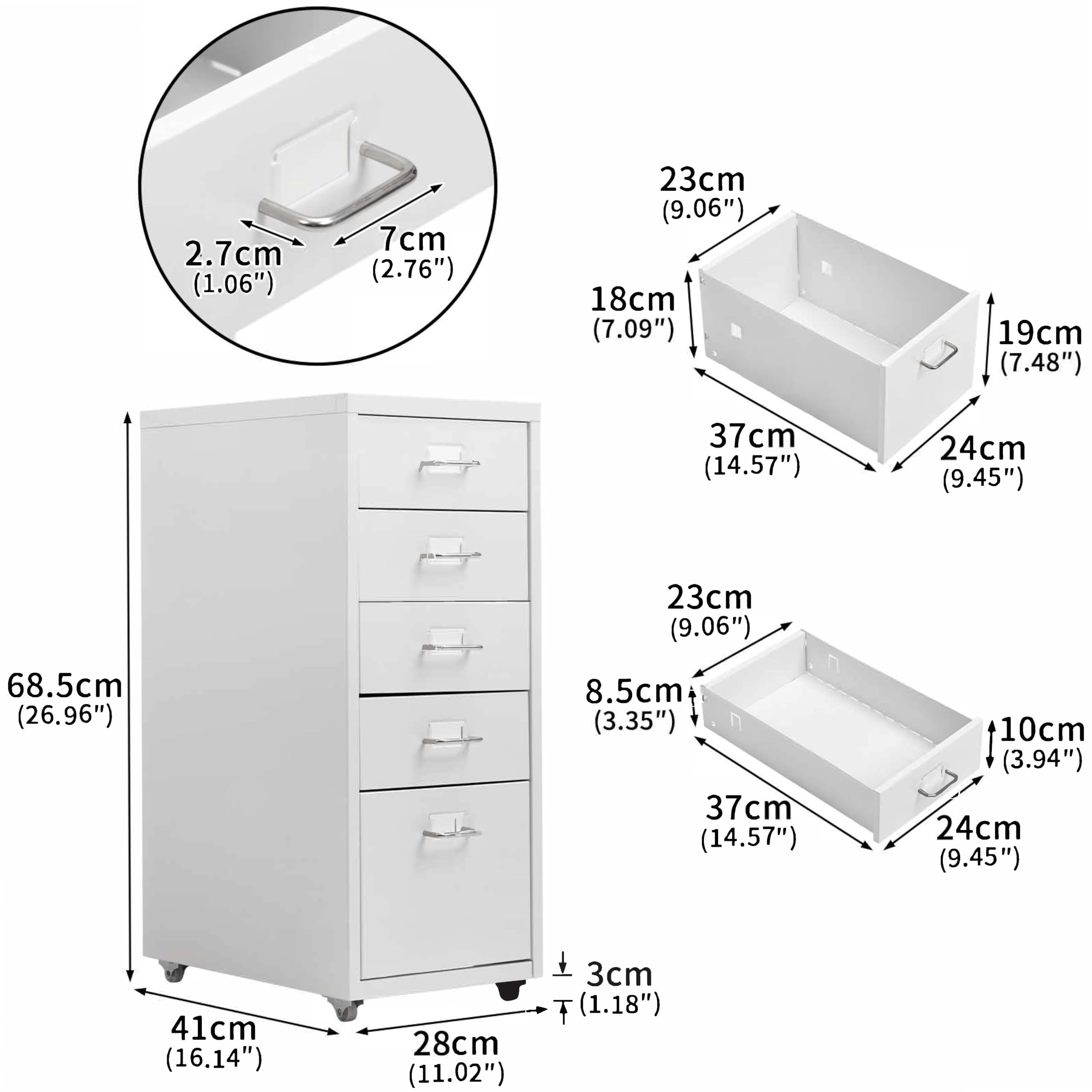 HollyHOME Caisson Métallique à 5 Tiroirs, Organisateur de Classement Roulant pour Bureau, Meuble de Rangement Moderne avec roulettes pour Maison et Bureau, Blanc
