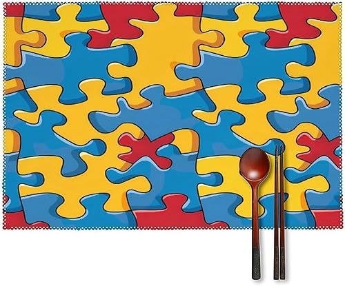 _Puzzle Piece Autism Awareness Placemats Set of 6 Resistant Table Mats Washable Place Mats for Dinner Party Table Decoration