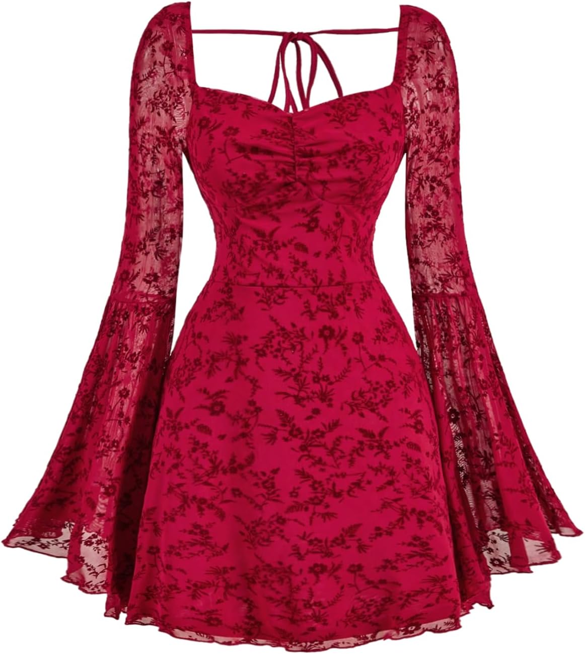 WDIRARA Women's Floral Jacquard Mesh Gothic Dress Bell Long Sleeve A Line Vintage Dresses