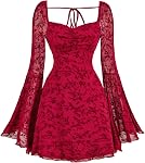 WDIRARA Women's Floral Print Mesh Gothic Dress Square Neck Bell Sleeve A Line Vintage Dresses