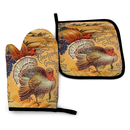VunKo Vintage Happy Thanksgiving Day Oven Mitts and Pot Holders Sets Heat Resistant Kitchen Turkey Oven Gloves Non-Slip for Safe BBQ Cooking Baking Grilling Set of 2