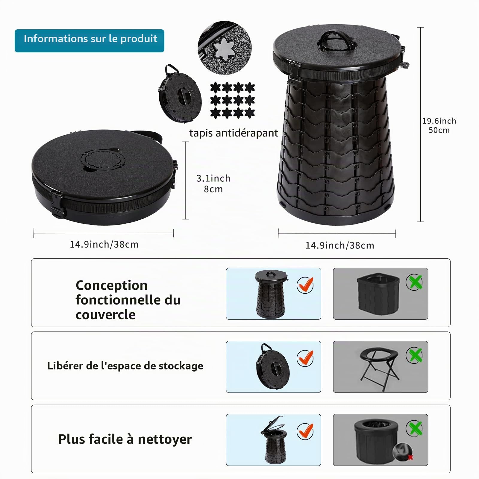Toilettes de Camping Pliables | Sèches Charge Maximale 300 Kg | Mobiles Compactes Φ 38 cm | Hauteur 8 à 50 Cm | De Voyage