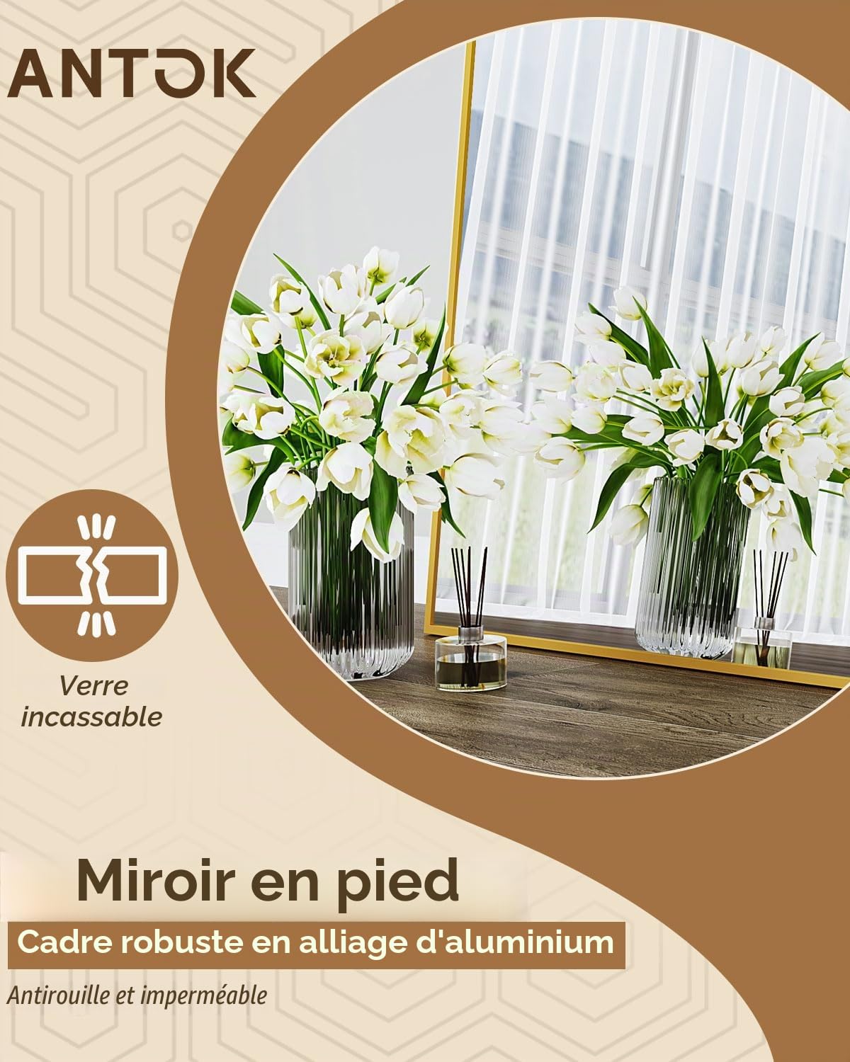 Antok Miroir Pleine Longueur, sur Pied, 180 x 76 cm, avec Cadre en Alliage d'aluminium et Verre incassable, Miroir de Sol bombé pour Salon, Dressing, doré