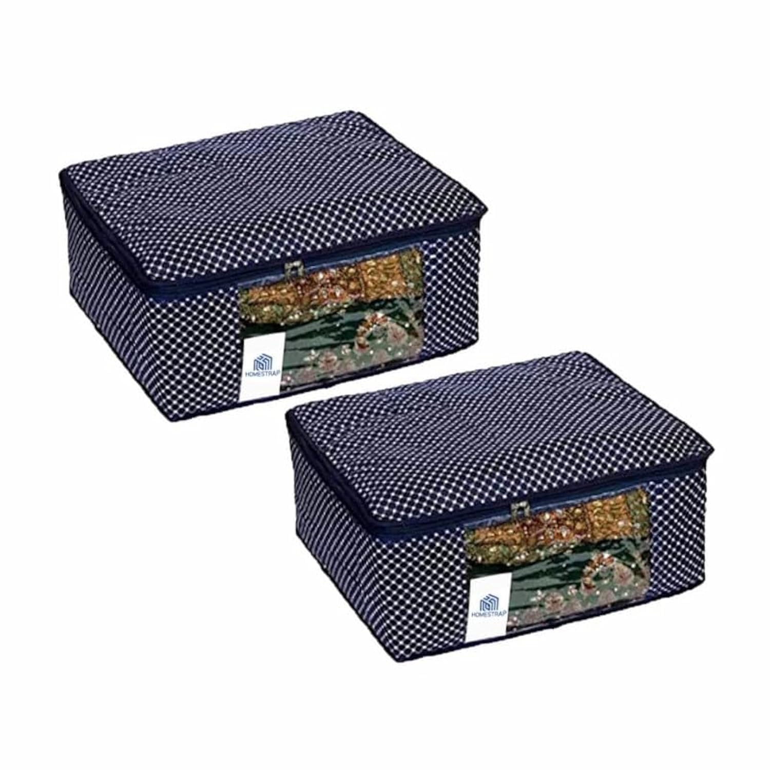 Homestrap Set of 2 Cotton Quilted 3 Layered Foldable Saree Covers/Clothes Storage Bag/Wardrobe Organizer With Transparent Window And Zip For Lehenga, Suit, Dress (Navy Blue)