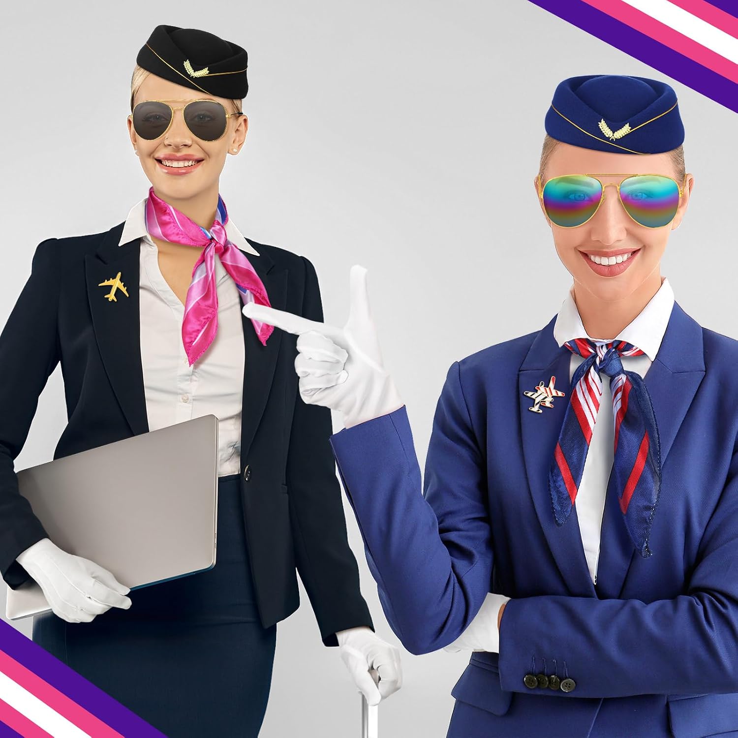 Bencailor 12 Pcs Flight Attendant Costume Accessories Set Women Airline Stewardess Outfits Hat Scarf Sunglasses Gloves Pin