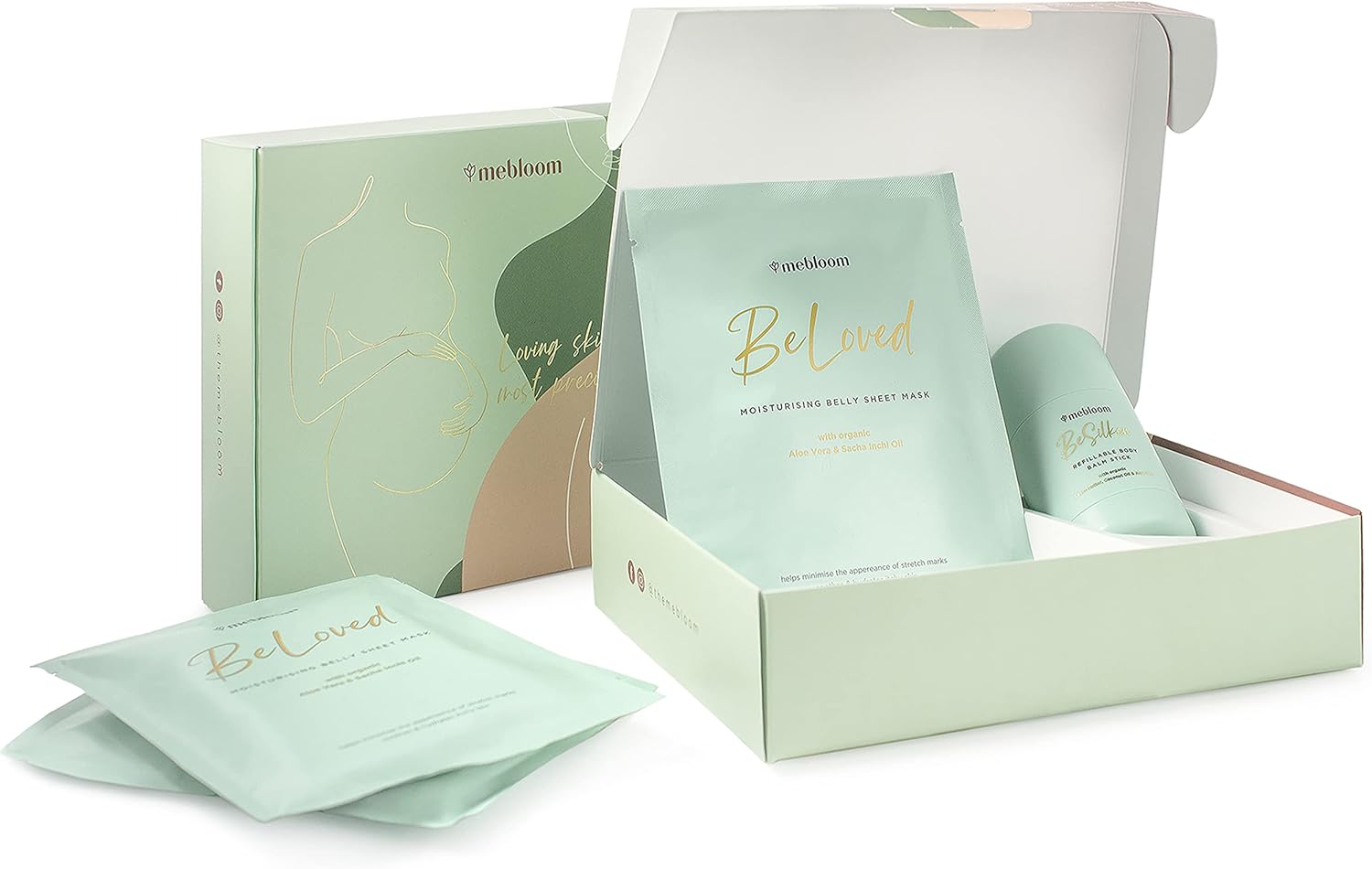 BeLoved Cadeauset voor zwangere vrouwen, 3 x vochtinbrengend buikmasker (40 x 60 cm) + BeSilken lichaamsbalsem stick – van natuurlijke en biologische plantaardige stoffen – tegen striae