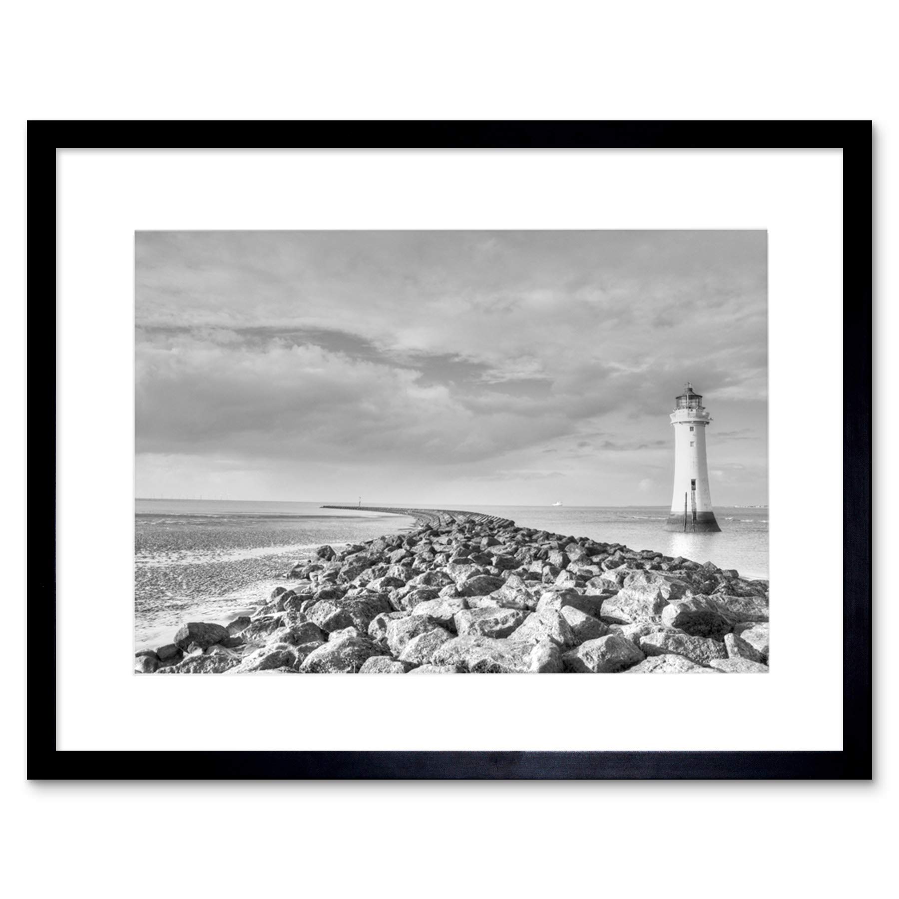 Wee Blue Coo LIGHTHOUSE BLACK AND WHITE JETTTY WHARF SEASCAPE FRAMED ART PRINT MOUNT B12X8762
