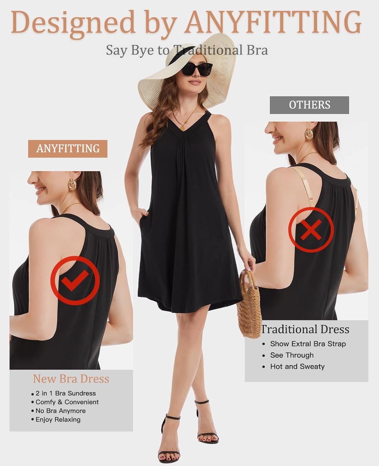 ANYFITTING Built in Bra Sundress for Women 2026 Floral Hawaiian Summer Sleevless Flowy V Neck Halter Dresses with Pocket - Image 4