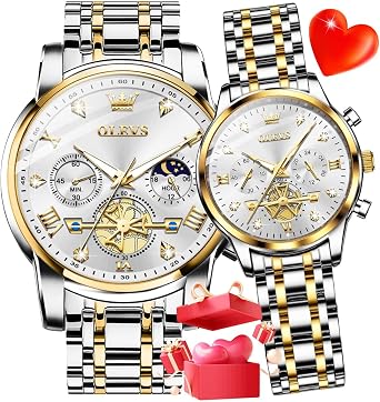 OLEVS Couple Watch Set - His and Her Matching Watches with Diamond Accents - Romantic Valentine's Day Chronograph Watch