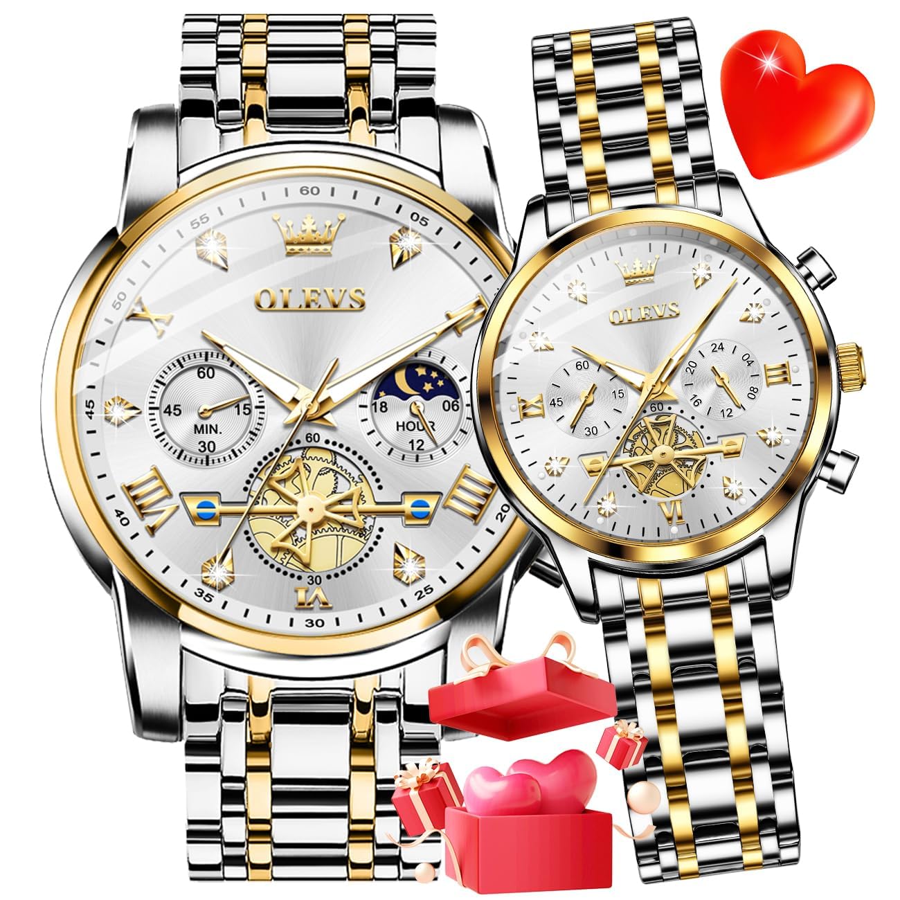 OLEVS Juego de relojes para parejas para hombre y mujer, reloj a juego con diamantes románticos para el día de San Valentín