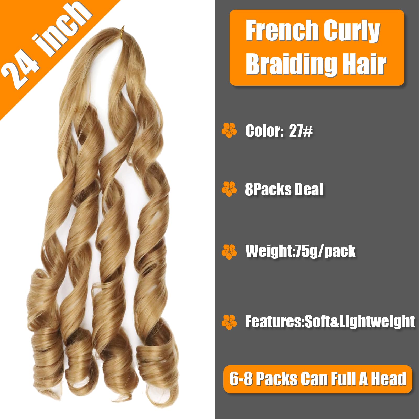 French Curl Braiding Hair 24 Inch 8 Packs French Curl Braids Crochet Hair Extensions (24 inch 27#) - Image 2