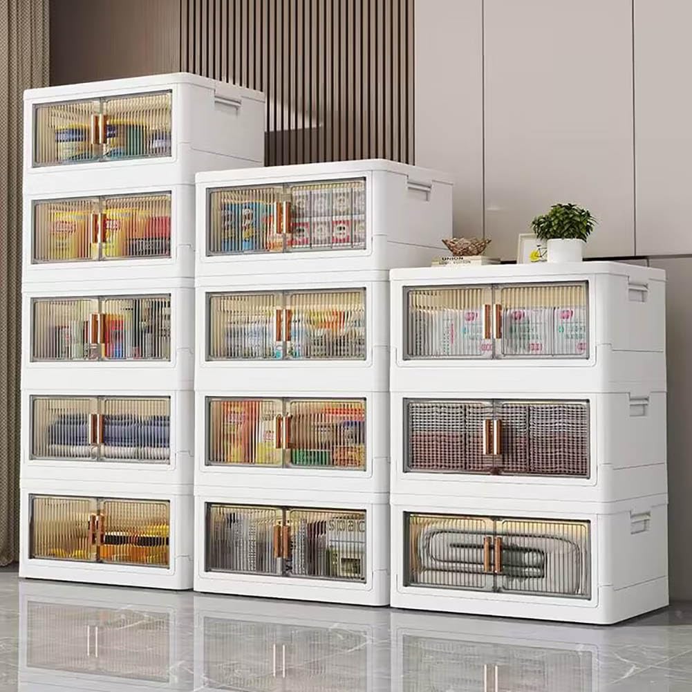 Scatola di archiviazione pieghevole con coperchio, scatola di archiviazione pieghevole con porta e ruote, scatola di archiviazione impilabile, scatola di stoccaggio del guardaroba in plastica