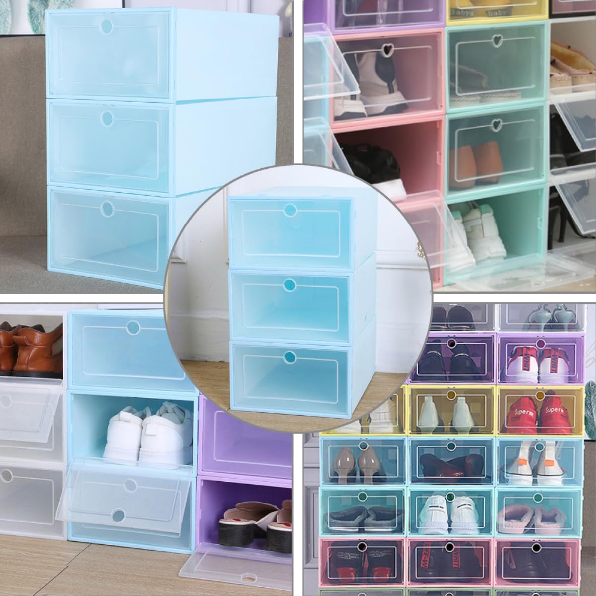 Stackable Plastic Shoe Boxes for Men 33x24x14cm Dustproof Drawer Organizer, Space-saving Shoe Storage Container 6pcs for Closet and Home Use