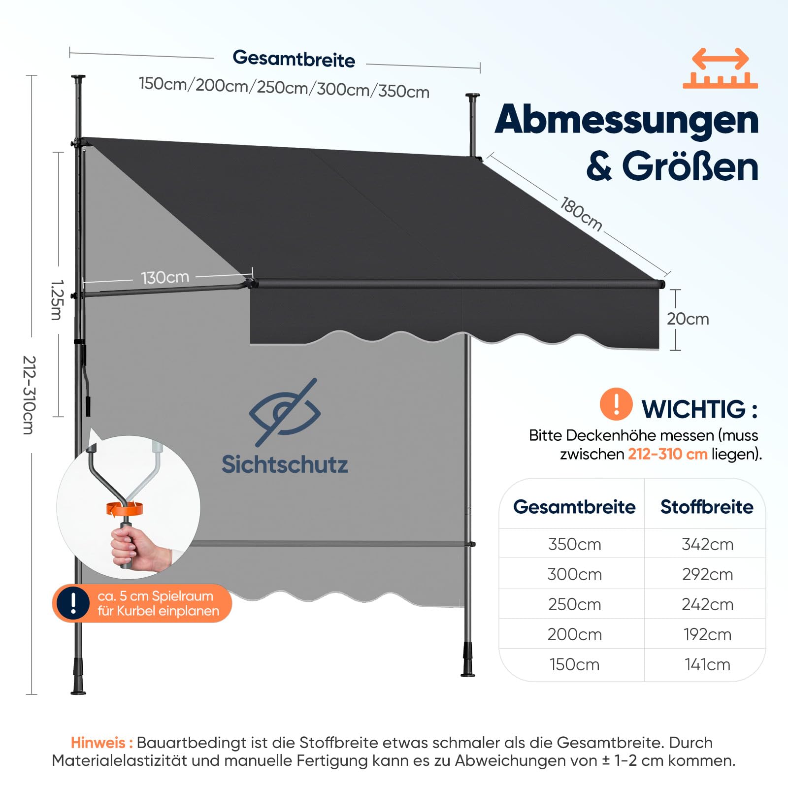Sekey Klemmmarkise 300 cm breit, Markise Balkon ohne Bohren mit Handkurbel, 130 cm Ausfall, 0-90° neigbar, UV-beständiger Sonnenschutz & wasserdicht (280g/m²), für Balkon, Terrasse & Garten, Anthrazit