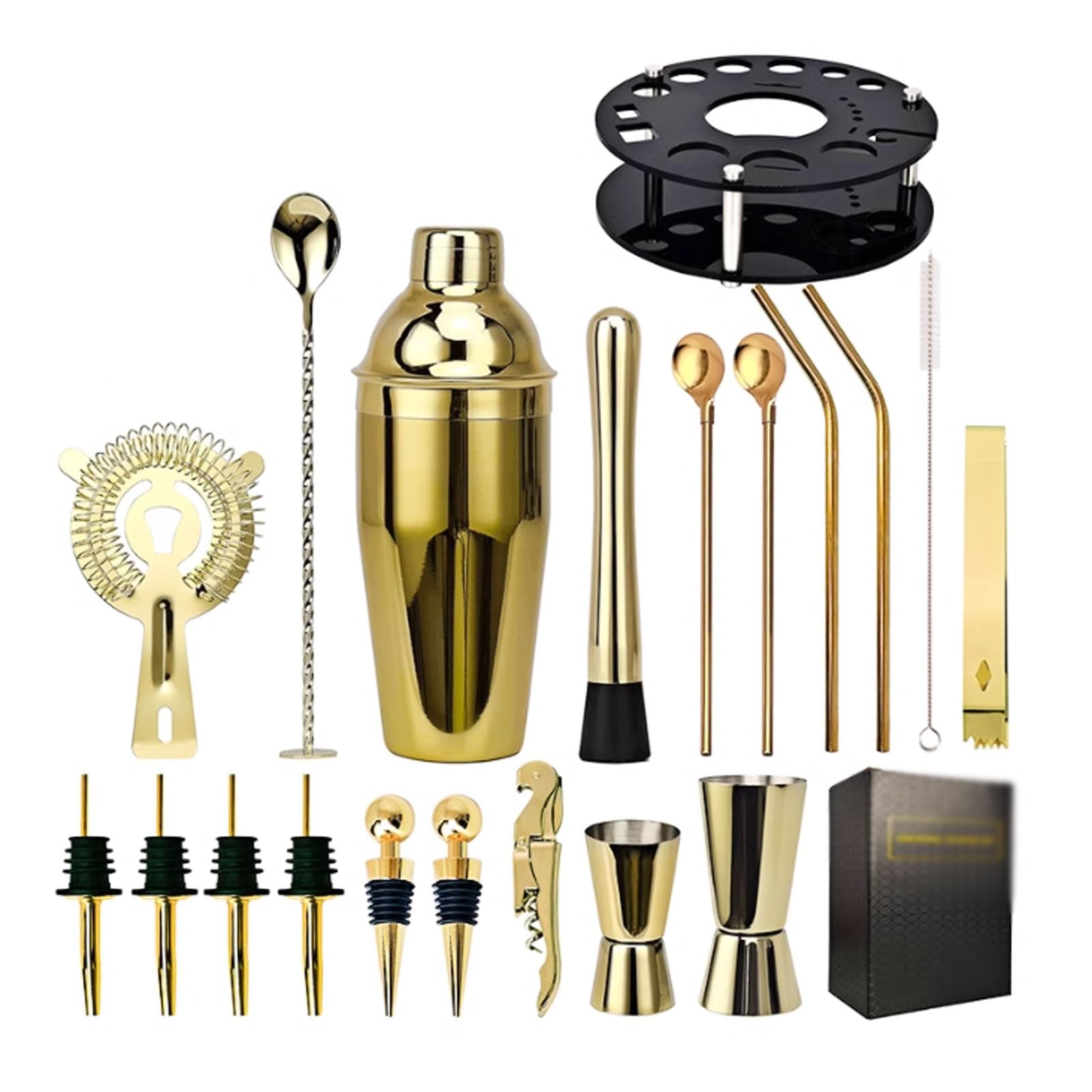 Set di 20 shaker for cocktail in acciaio inossidabile con supporto in acrilico, kit da barista for miscelazione di bevande e bar di casa(Svart)