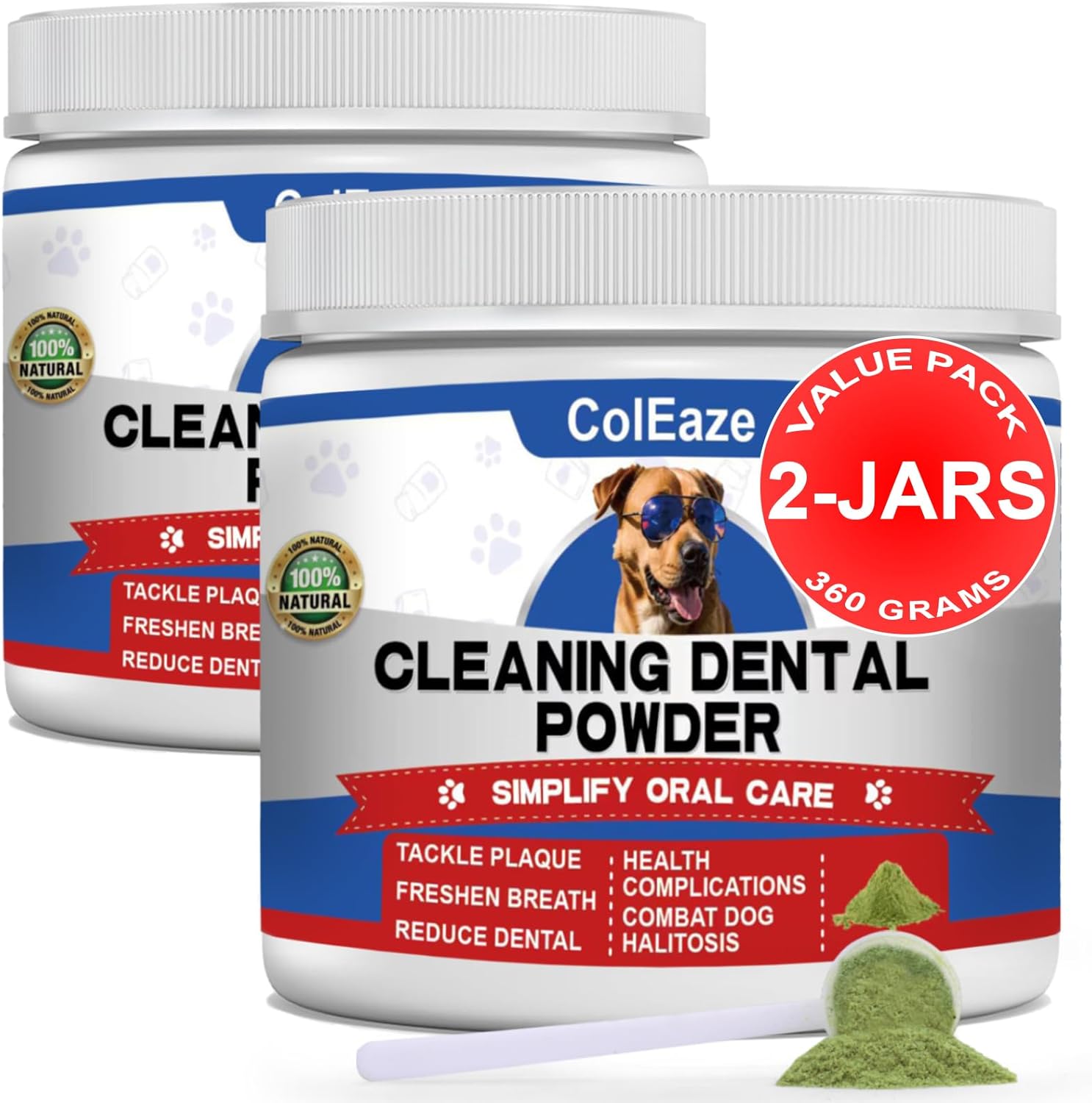 Dog Teeth Cleaning Powder, Dog Dental Powder and Breath Freshener, Plaque Off Pet Tooth Cleaning lab co, Bad Breath & Tartar Remover for Dogs, Natural Herbal Blend -All Breeds & Sizes