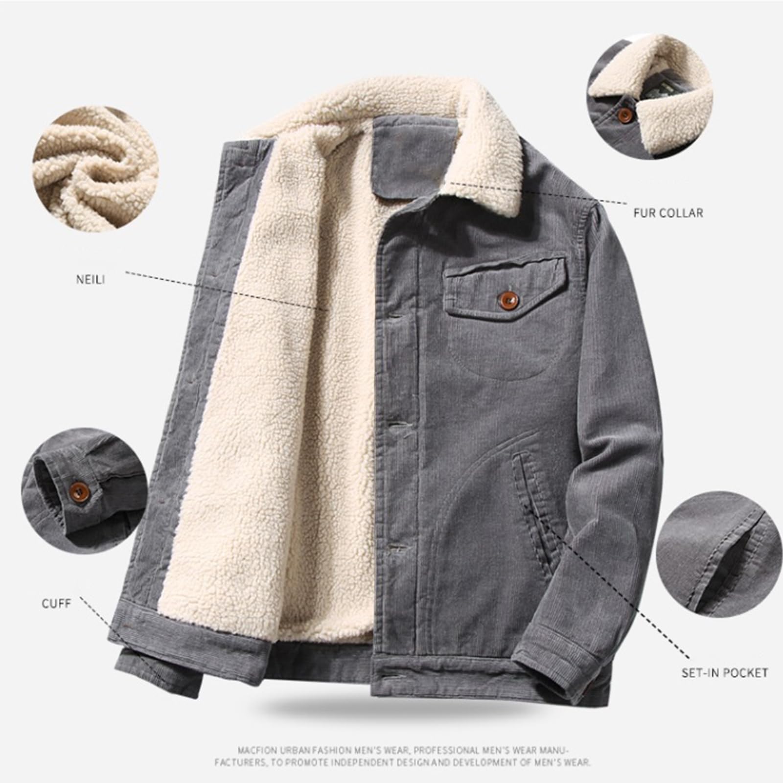 Giacca da uomo in velluto a coste con colletto rialzato, foderato in sherpa, caldo cappotto con tasche