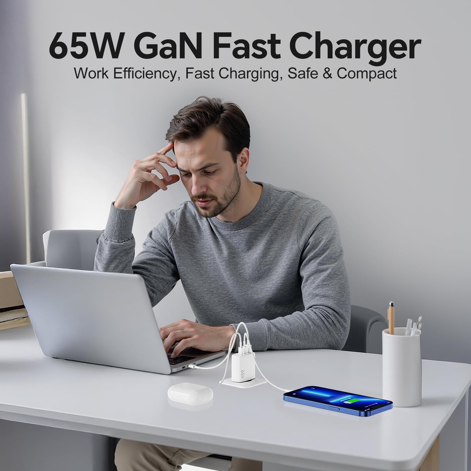 Caricatore USB-C Rapido 65W 3-Porte GaN III, PD3.0 Caricabatterie Veloce con 1.8M 240W Cavo, Caricatore per MacBook Pro/Air, Samsung S24/ S23, iPhone 16/15, iPad Pro/Air, Dell XPS, Pixel 8/9