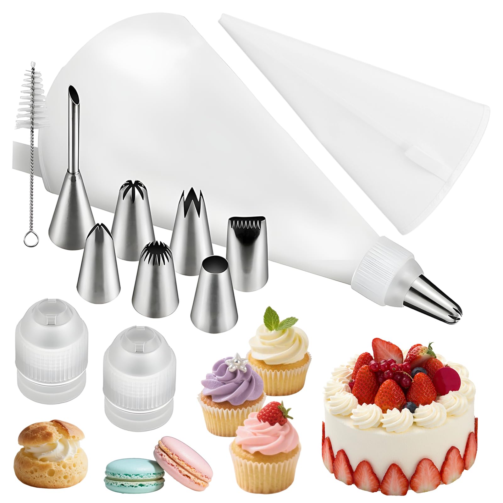 Rękaw Cukierniczy Wielorazowy z 7 Tylki Cukiernicze, 12-częściowy Zestaw do Dekoracji Tortów, Ciast i Babeczek z 2 Bawełnianymi Workami Cukierniczymi 35cm, 2 Adapterami i Szczoteczką