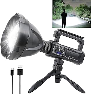 Rechargeable Spotlight Flashlight, 90000 High Lumens Super Bright Spot Light, 4 Modes IPX5 Waterproof Powerful Searchlight with Tripod and USB Output, Handheld LED Spotlight for Outdoor Hiking Camping