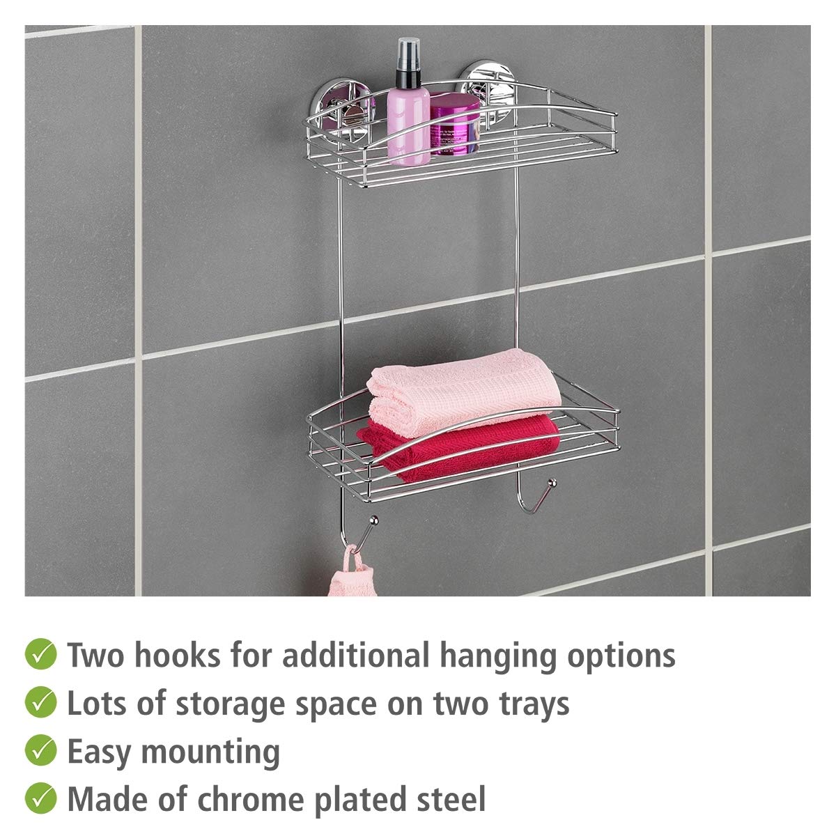 WENKO Vacuum-Loc regał ścienny, 2 półki i 2 haczyki, półka ścienna bez wiercenia, półka prysznicowa z mocowaniem próżniowym, regał do łazienki i kuchni, chromowany metal, 26 x 44 x 15,5 cm