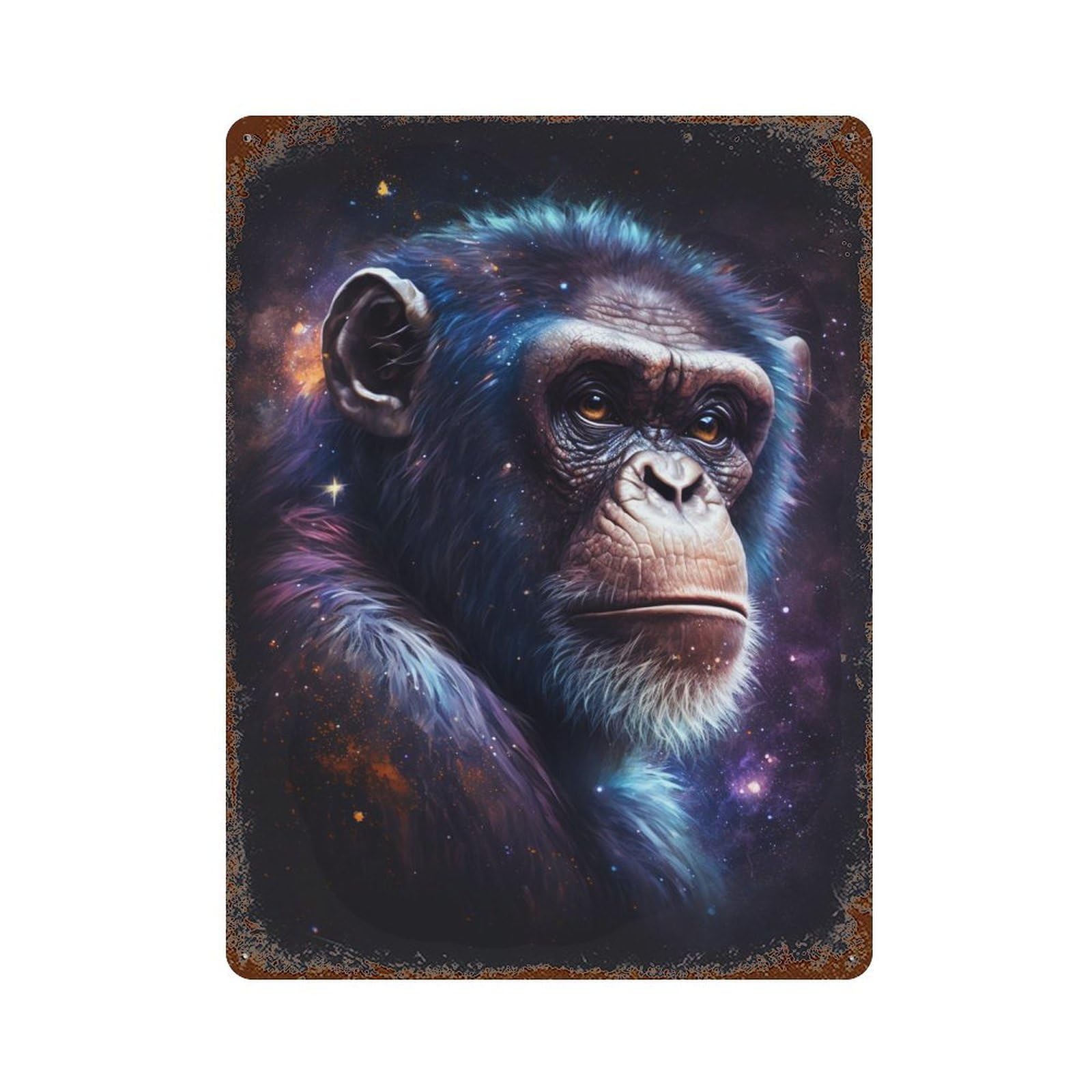Rust Effect Chimpanzee Galaxy Portrait-2 Vintage Rust Metal Sign 15.7"x11.8", Decorative Metal Wall Art for Shed, Workshop And Garage Wall Decor