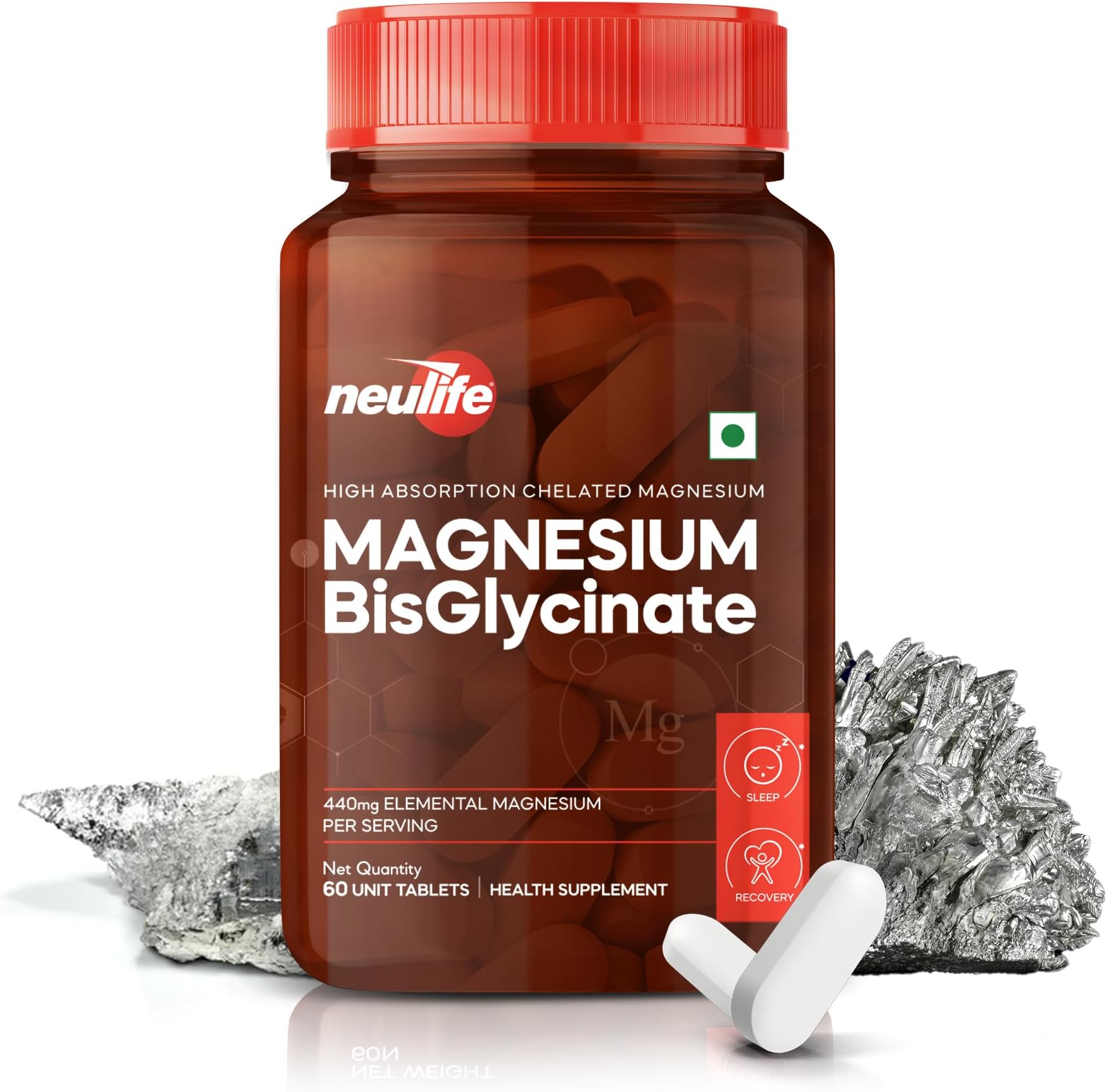 Neulife Magnesium Bisglycinate 440 mg Supplement | High Absorption-High Potency Formula | Supports Sleep, Recovers Muscles | (60tabs)