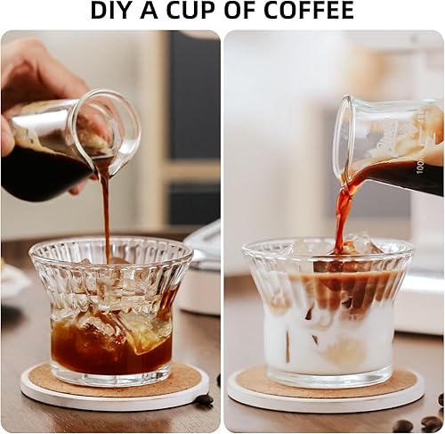 Miniatura 4 de Bincoo Juego de 2 tazas de vidrio para café helado, vasos de vidrio acanalado reutilizables de 7 onzas, cristalería vintage para vino, jugo,