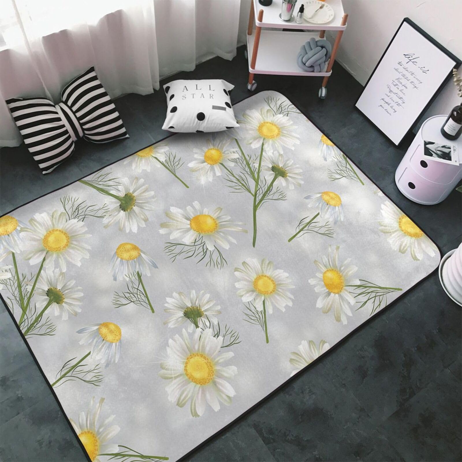 Fleurs de Camomille, Tapis de Sol antidérapant de Grande Taille pour Salon et Chambre, 150 x 100 cm.
