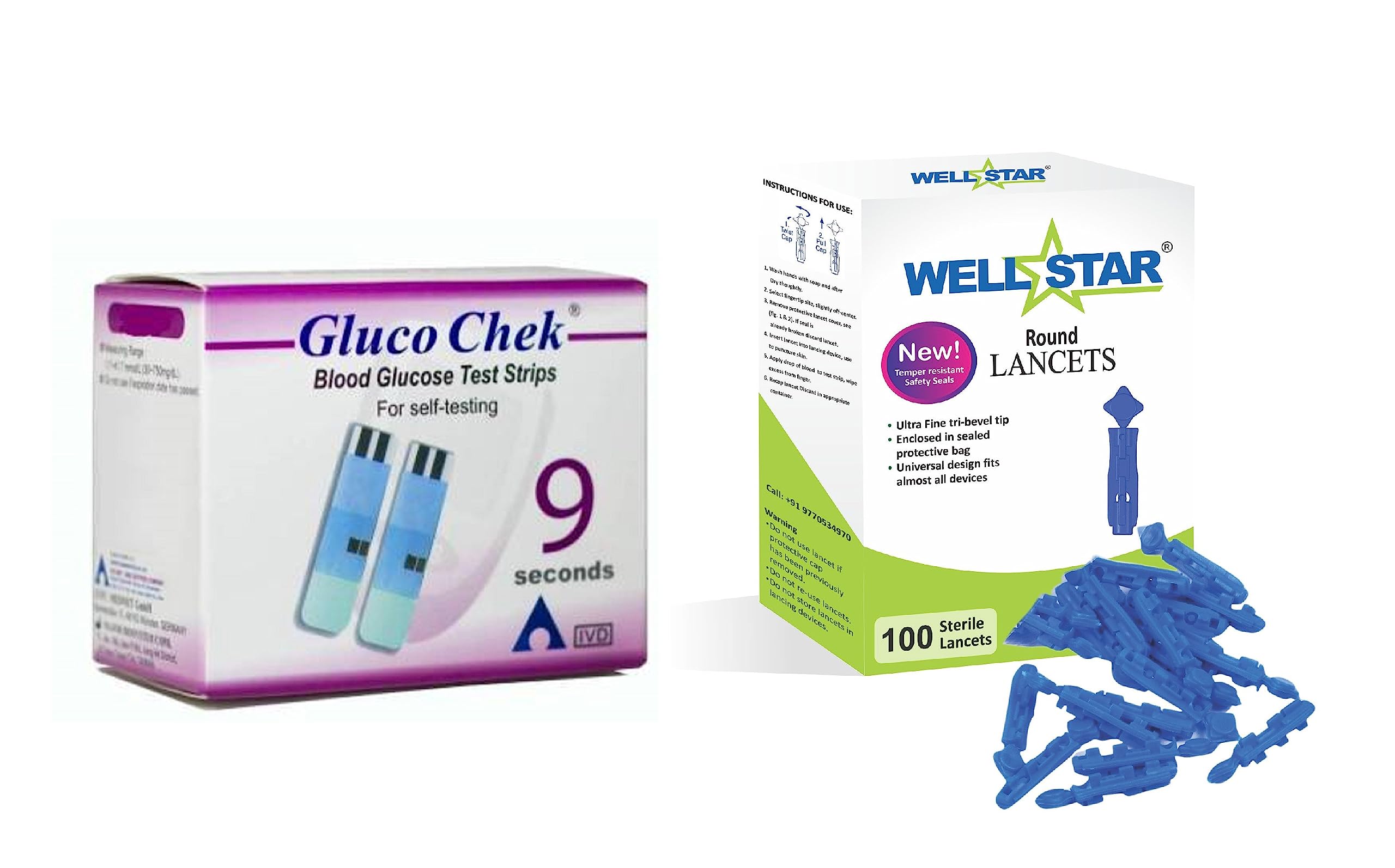 Wellstar 100 ROUND Glucometer Lancets�with GLUCOCHEK 50 Test Strips