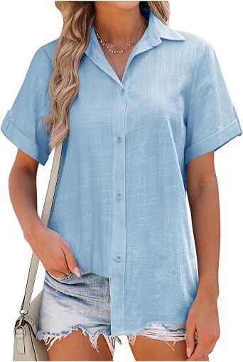 Linen Button Down Shirts for Women Summer Short Sleeve Collared Blouse Loose Fit Office Top Casual Dressy Shirt