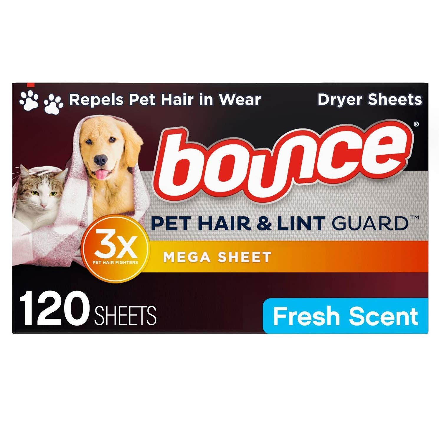 Bounce Lot de 120 feuilles de protection anti-peluches pour sèche-cheveux avec 3 combattants pour poils d'animaux domestiques Parfum frais
