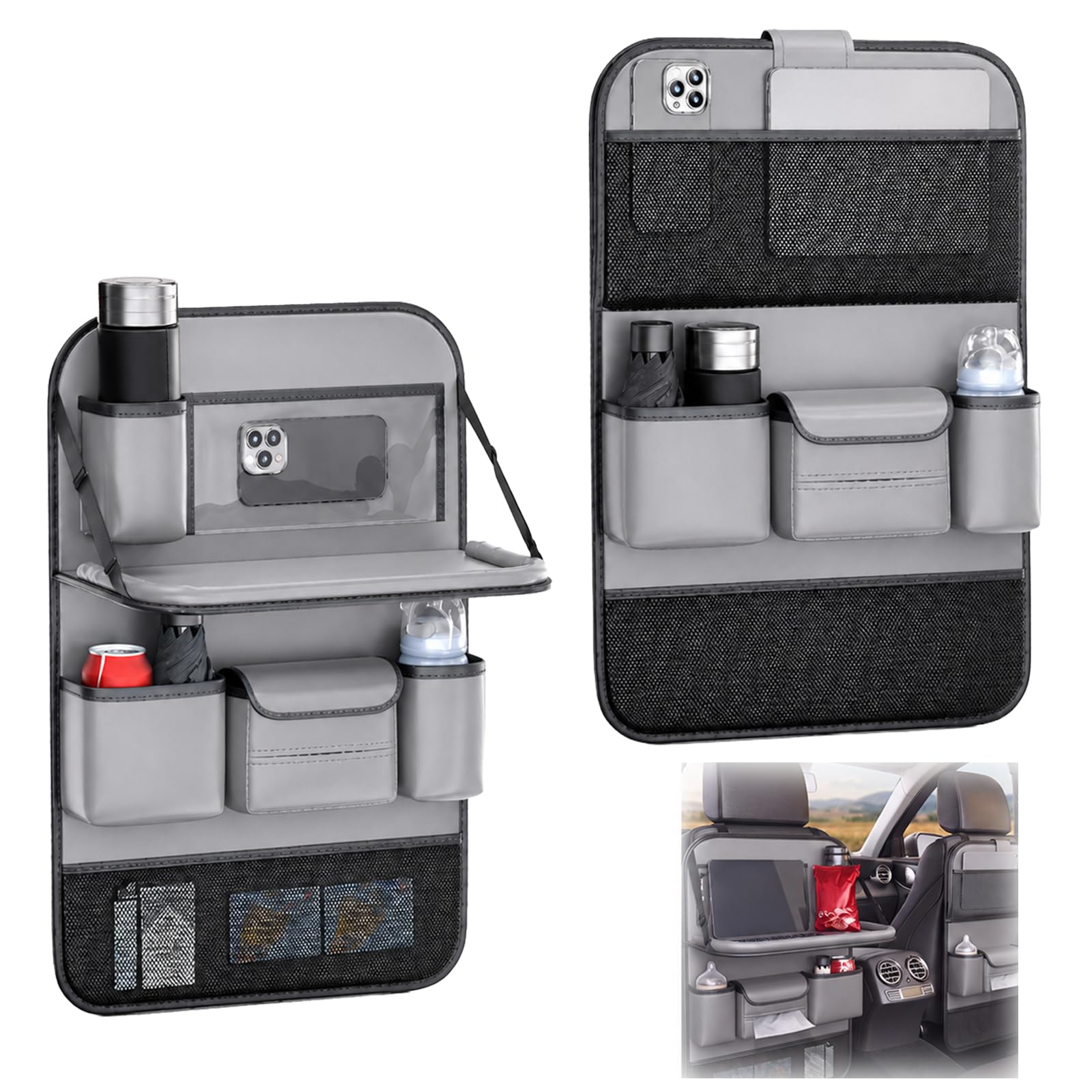 2 Pack Artificial Leather Car Backseat Organizer with Folding Tray- Grey
