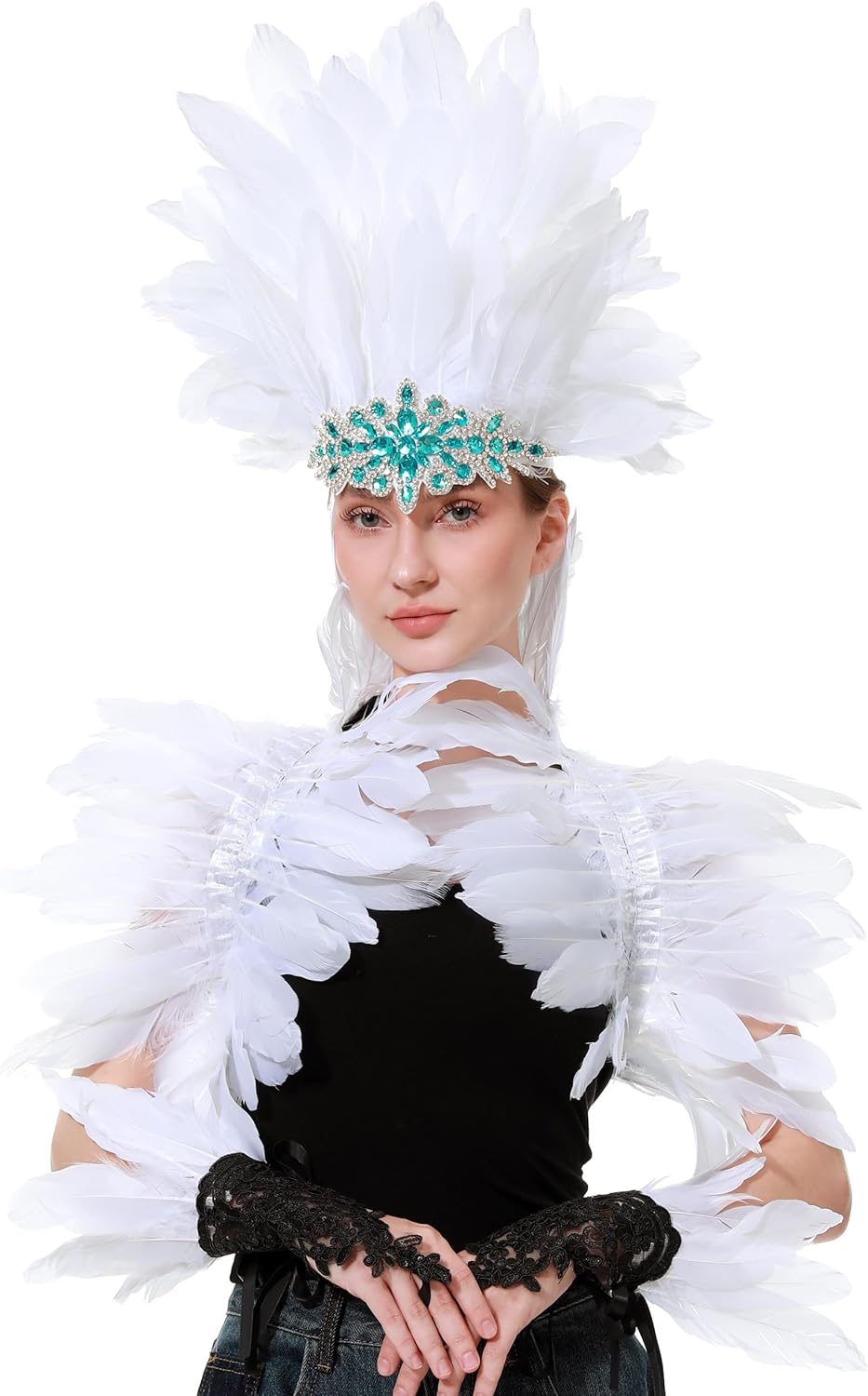 Women's Feather Headpiece Handmade Rhinestones Headband Halloween Showgirl Cosplay Headwear Accessories - Image 6
