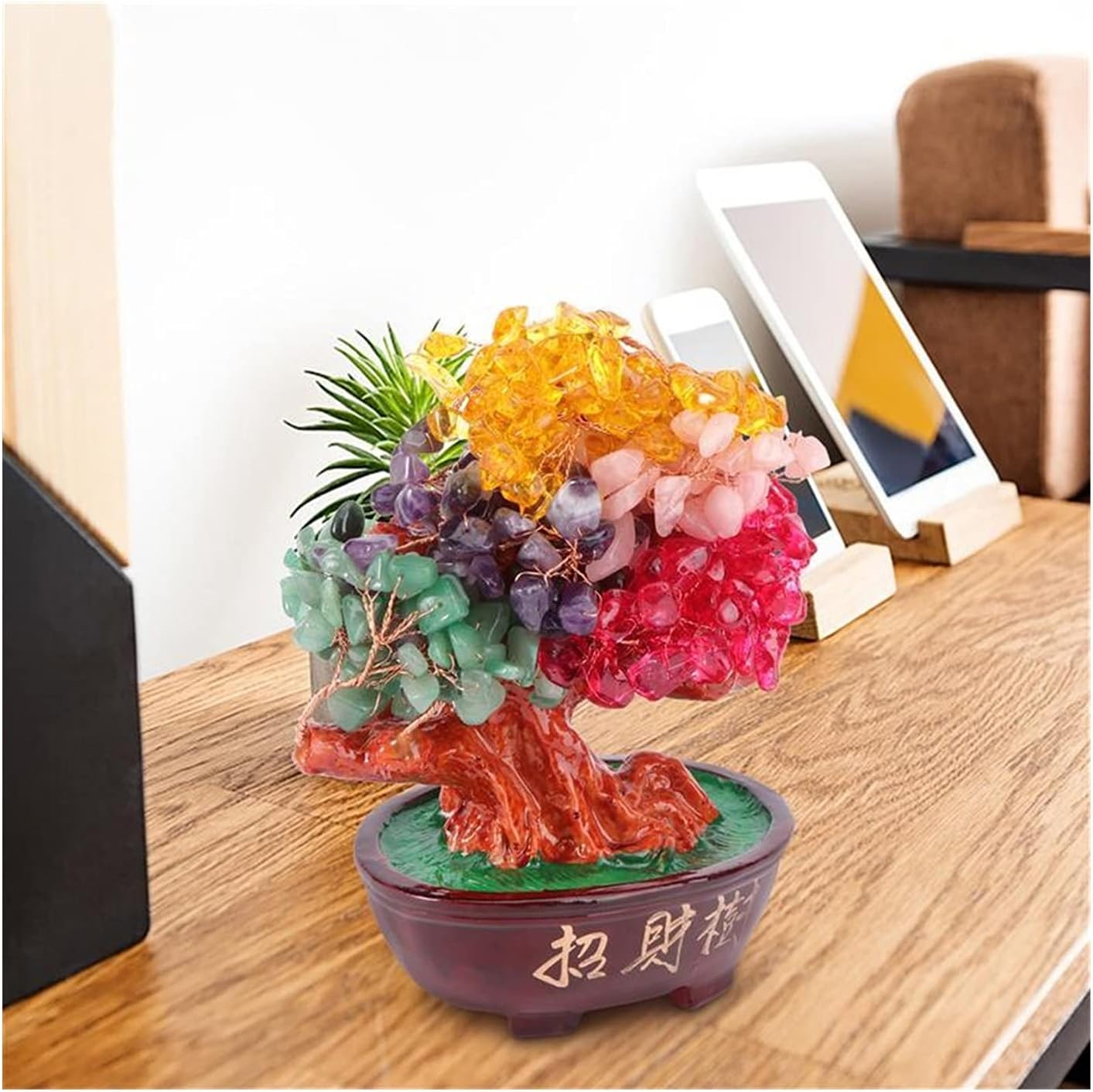 Luck and Wealth Crystal Tree Natural Amethyst Money Tree,Gold Purple Titanium Crystal Cluster Base Bonsai Sculpture,Office Desktop Ornament Chakra Money Tree