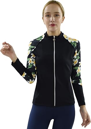 Private Island Women UPF50+ Front Zipper Up Long Sleeve Swimsuits Top with Both Side Pockets Swim Rash Guard JRSRGT