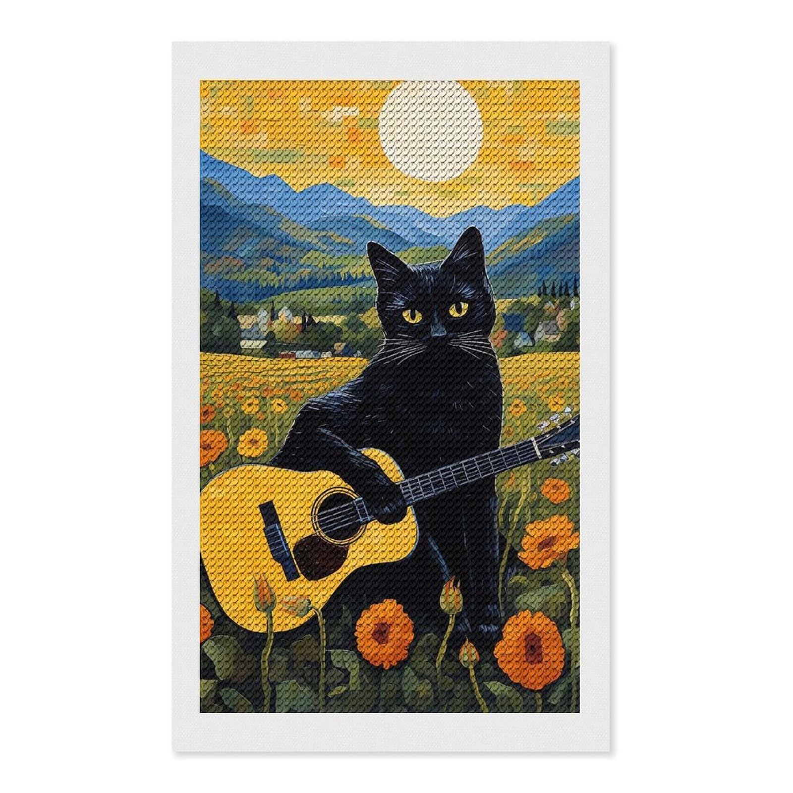 Junmoney Black Cat Play Guitar Diamond Painting Canvas Kit 12"x20", Relaxing DIY, Modern Decor, Aesthetic Room Decor, Home Wall Art, Wall Art Gift