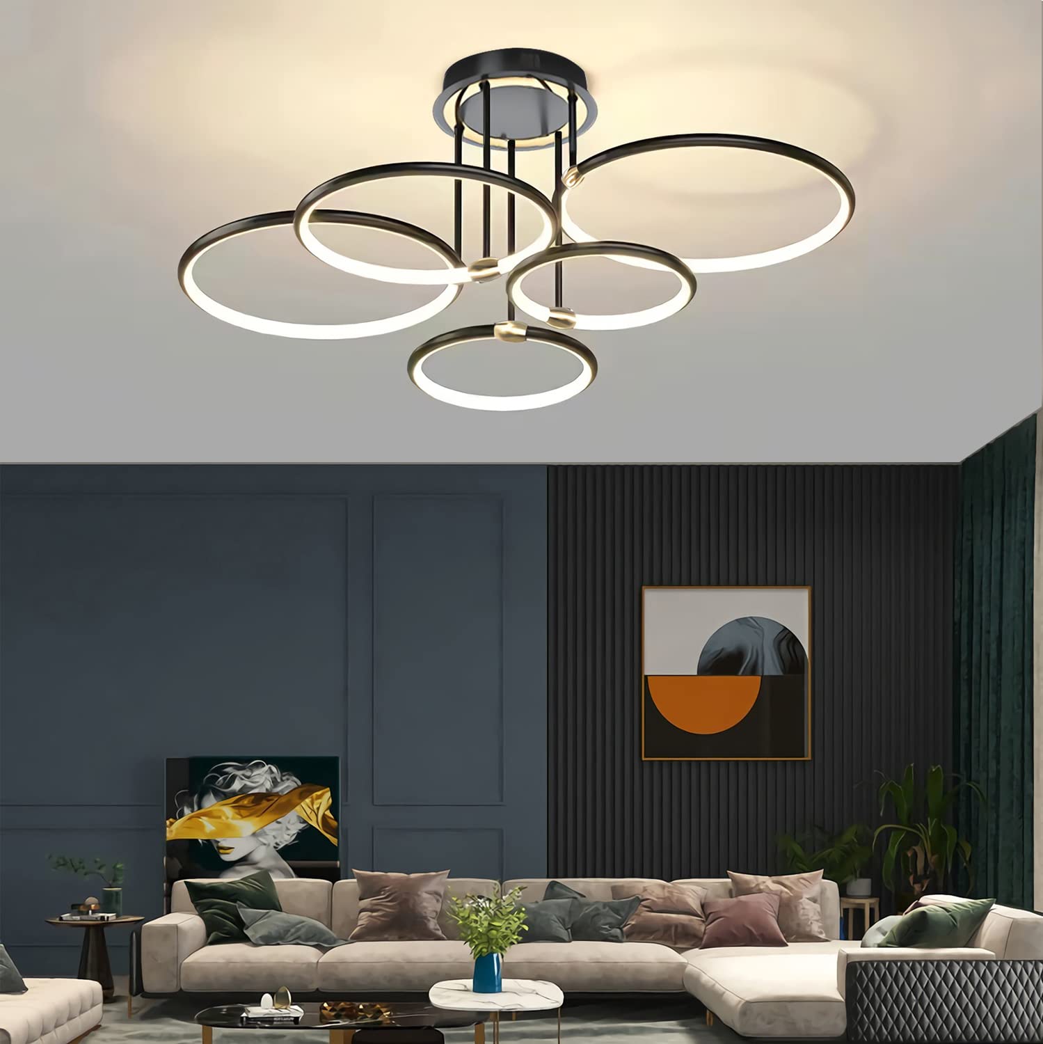 Lampa sufitowa Nowoczesna LED Ściemniana Czarna Lampa Sufitowa Pierścieniowa Z Pilotem Oświetlenie Do Sypialni Salon Kuchnia Jadalnia Przedpokój Lampa Wisząca (5 Pierścień/83cm/84W)