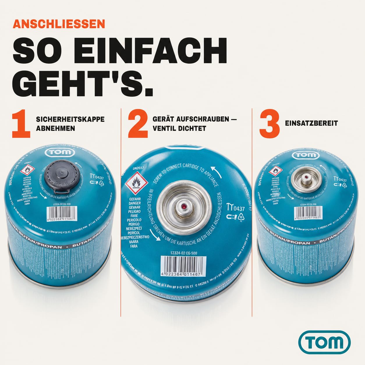TOM Gaskartuschen 2 x, 4 x, 8 x oder 12 x 500 g Butan Propan Gas - Schraubkartusche Set – Kartuschen mit Sicherheits-Schraubgewinde – Butane Gas Kartusche ideal für Ihren Campingkocher (4 x 500g)