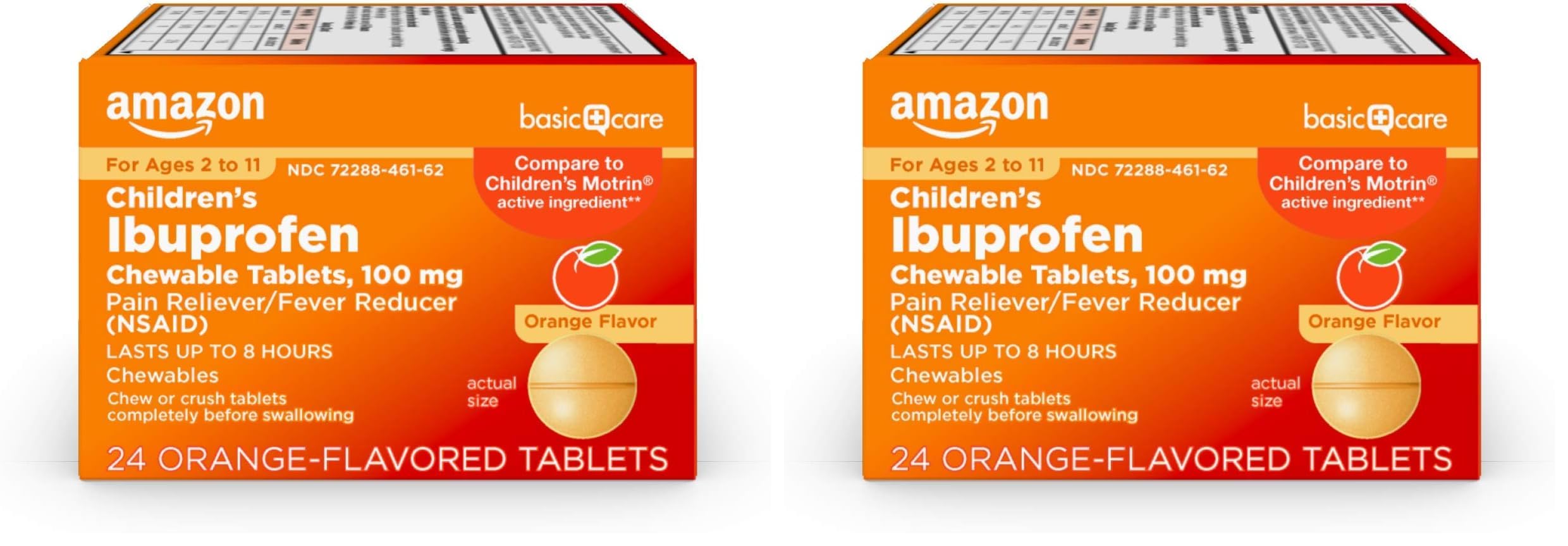 Amazon Basic Care Children's Ibuprofen Chewable Tablets 100 mg, Orange Flavor, Pain Reliever and Fever Reducer (NSAID), for Ages 2-11, 24 Count (Pack of 2)
