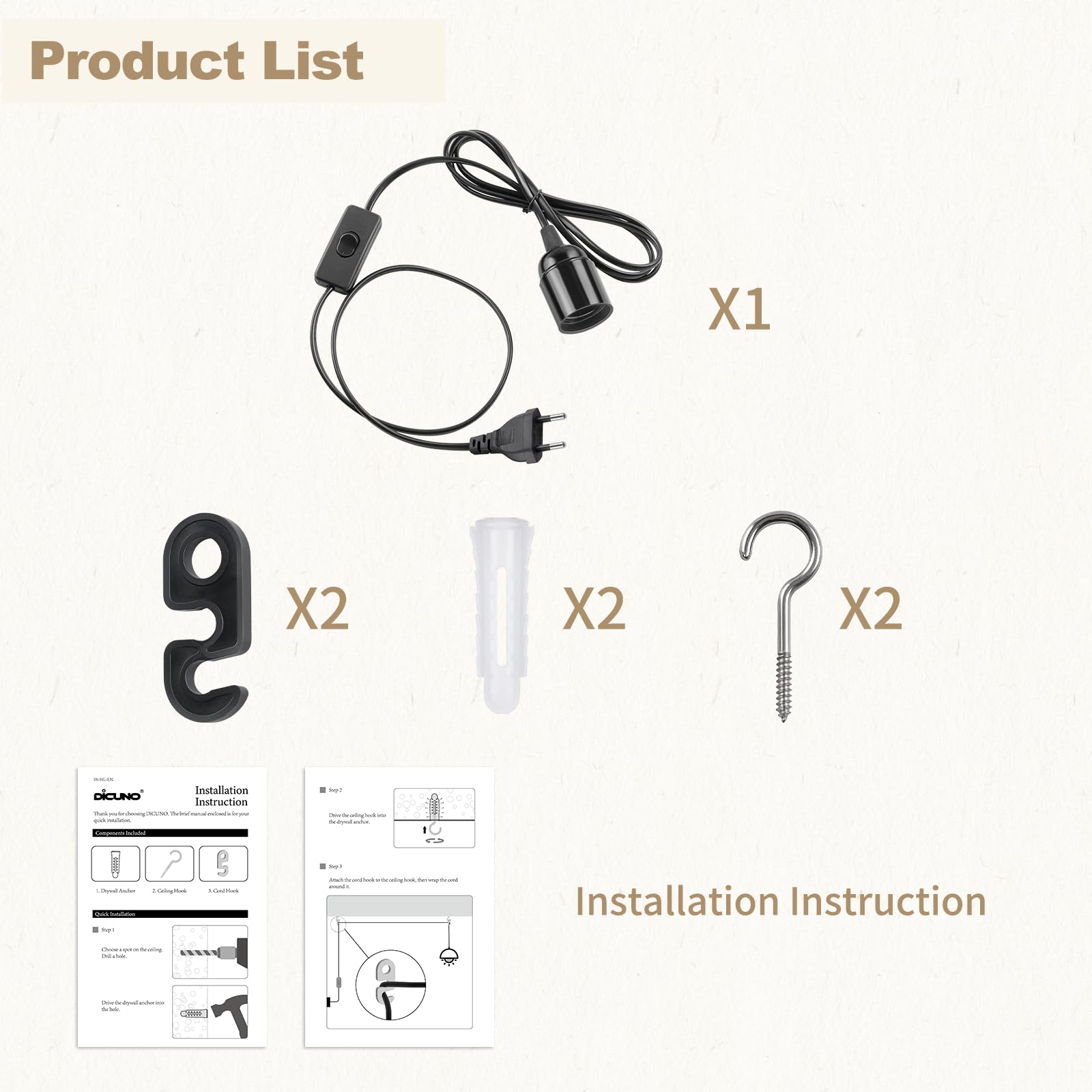 DiCUNO Oprawa lampy E27 z przełącznikiem, gwint E27 z kablem sieciowym 2 m i wtyczką EU, do zawieszenia lamp, lamp wiszących, lamp sufitowych, projektów DIY, czarna, 1 sztuka