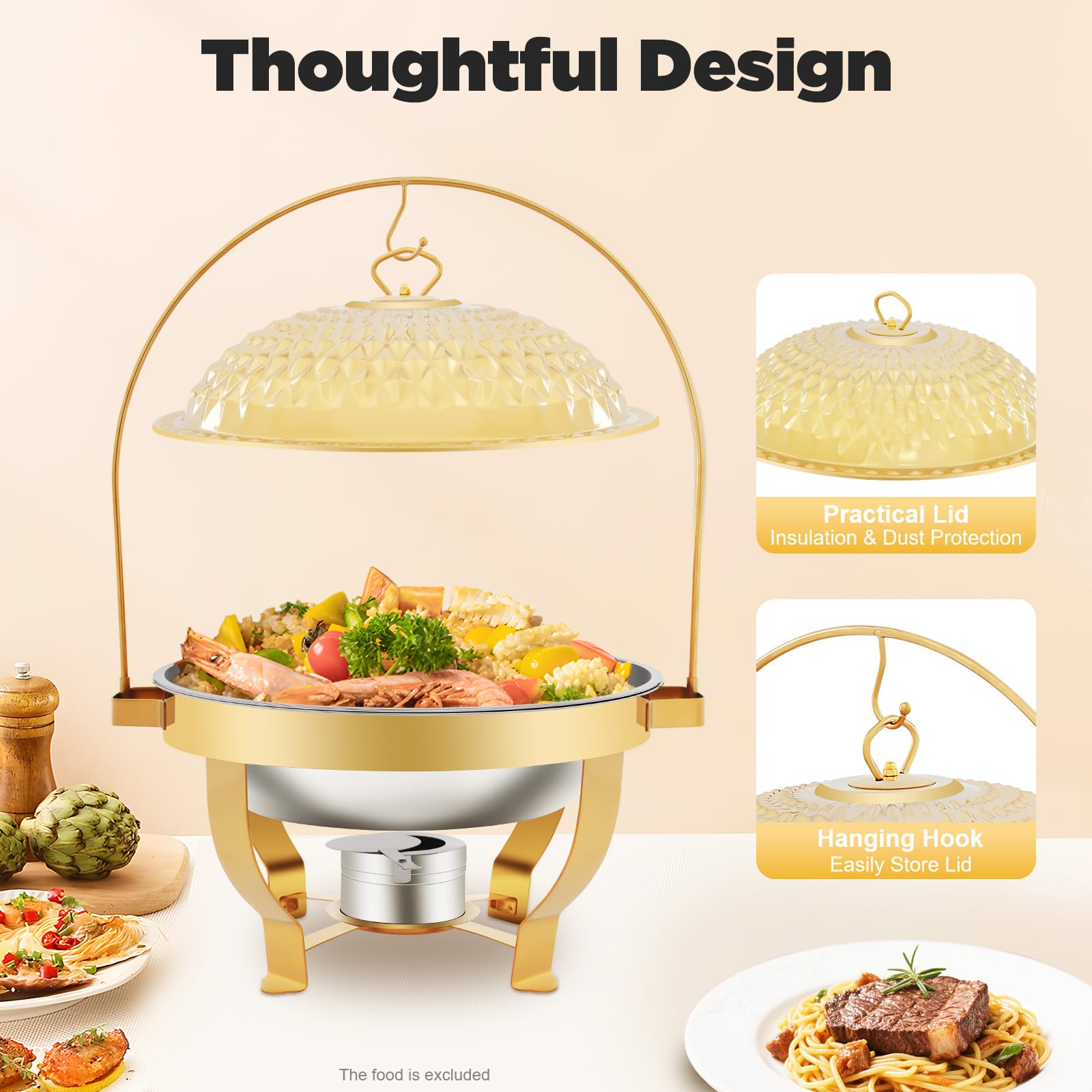 Chafing Dish in acciaio inox, 6 l, scalda buffet rotondo con coperchio, bruciatore a spirito, contenitore per buffet, feste e catering, contenitore per cibo per casa ed eventi (6 litri)