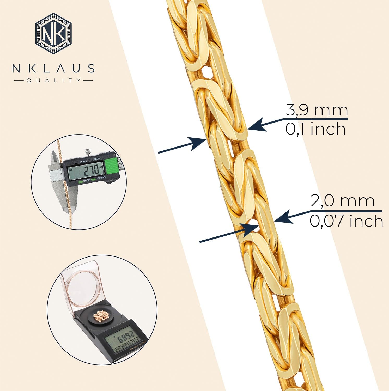 NKlaus 925 Silber Gelbgold vergoldete Königsketten, 50cm, 55cm, 8-fach diamantiert, 3,9mm Breite – Ein majestätisches Collier