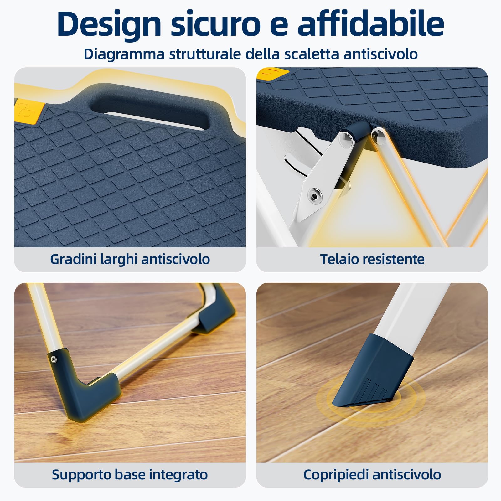 Urackify Scaletta 2 Gradini, Scalino Pieghevole con Pulsante di Sblocco | Sgabello con Pedana Antiscivolo, Leggero in Acciaio per Casa, Cucina, Camper, Roulotte, Portata fino a 150 kg, Blu
