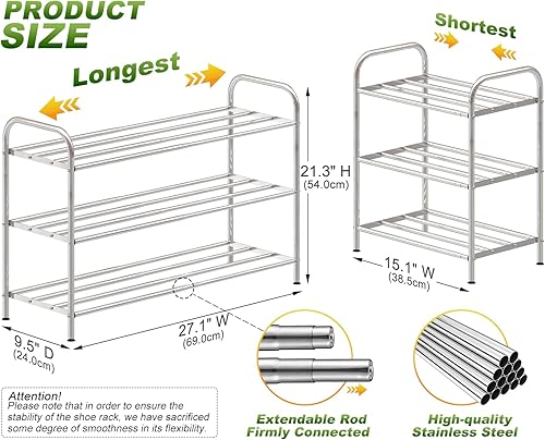 Miniatura 2 de Zapatero de acero inoxidable de 3 niveles, patas extensibles y ajustables de 4 varillas  Pequeño zapatero ajustable  Estante de almacenamiento de