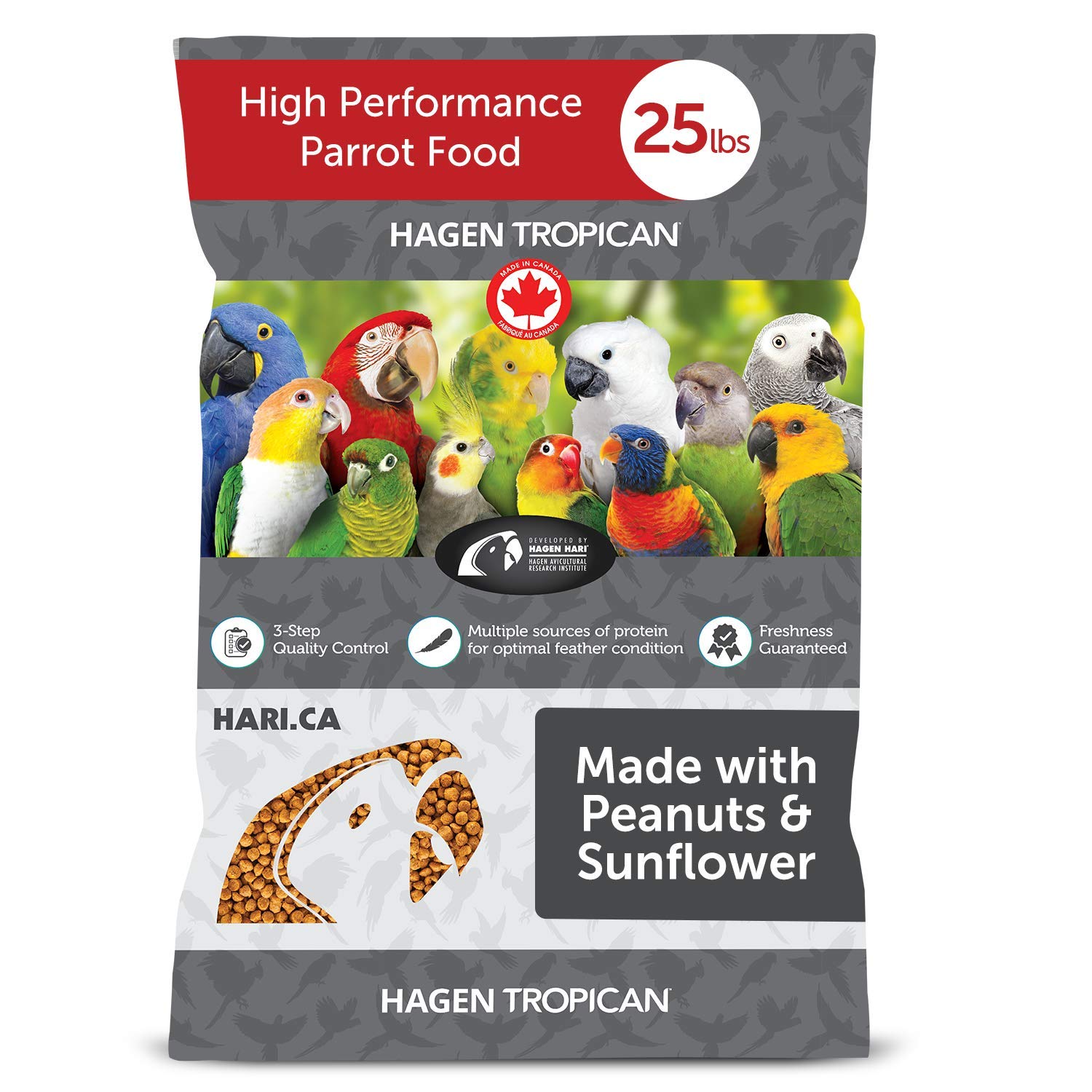 HARI Tropican Bird Food, Hagen Parrot Food with Peanuts & Sunflower Seeds, Parrot Granules for Small Parrots, High Performance 2 mm, 25 lb Bag (packaging may vary)