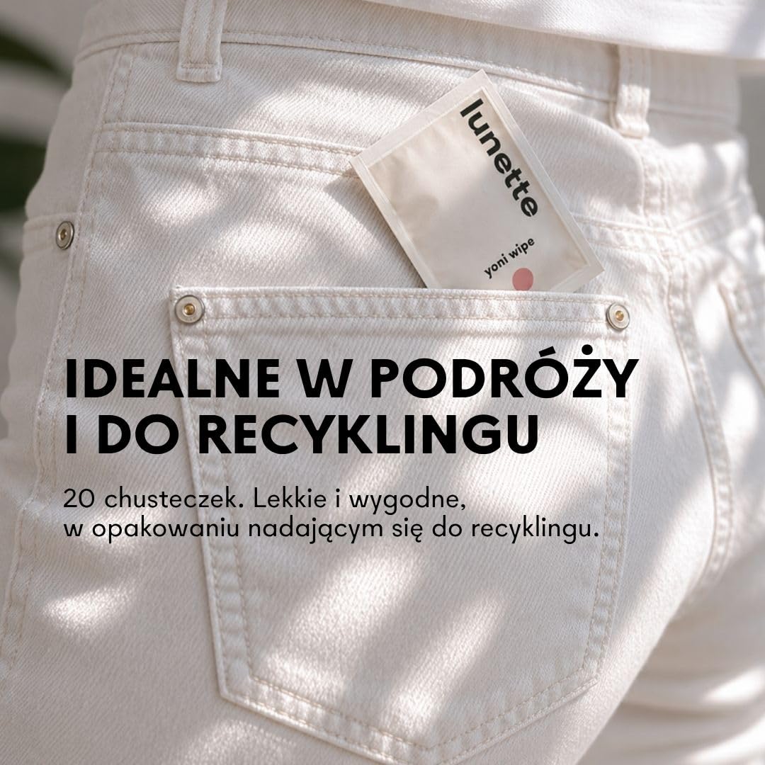 Lunette Yoni Wipes - Chusteczki Intymne – pH‑Zrównoważone – dla Skóry Wrażliwej – Bezzapachowe – Wegańskie i Kompostowalne – Pakowane Pojedynczo – Wyprodukowane w Finlandii (20 szt.)